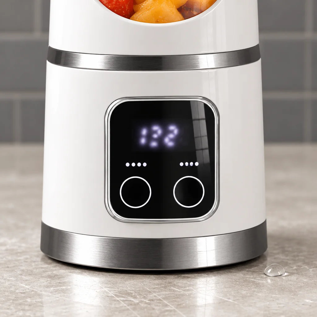 A macro photograph of the exact control area on the white blender from the supplied reference: the d