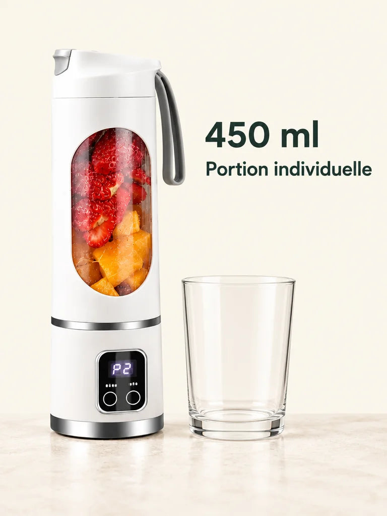A graphic on a pale clean backdrop using the exact compact white cordless blender from the supplied