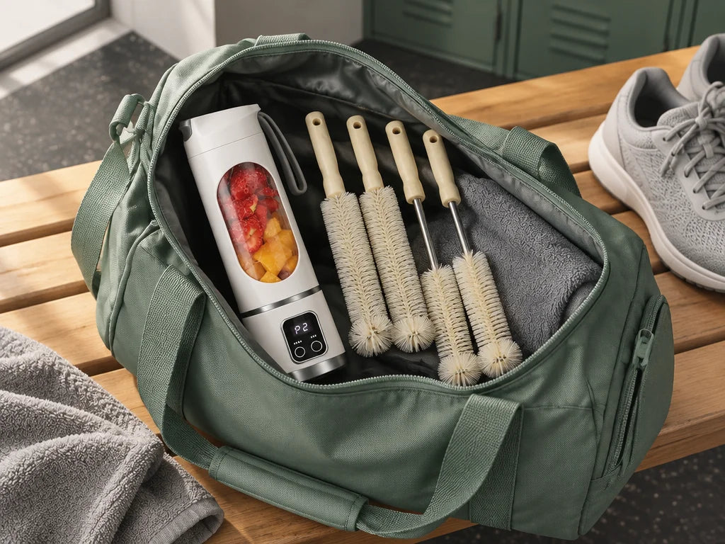 Blender VEYRA et brosses de nettoyage rangés dans un sac de sport