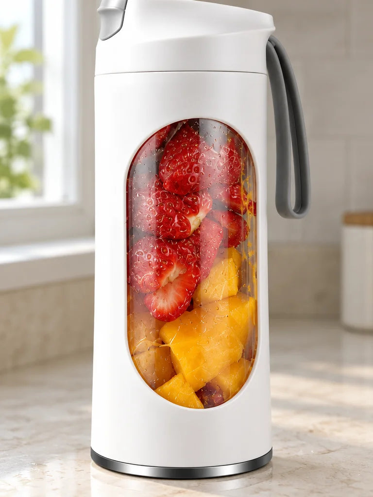 A close photograph of the exact compact white blender from the supplied reference, framed vertically