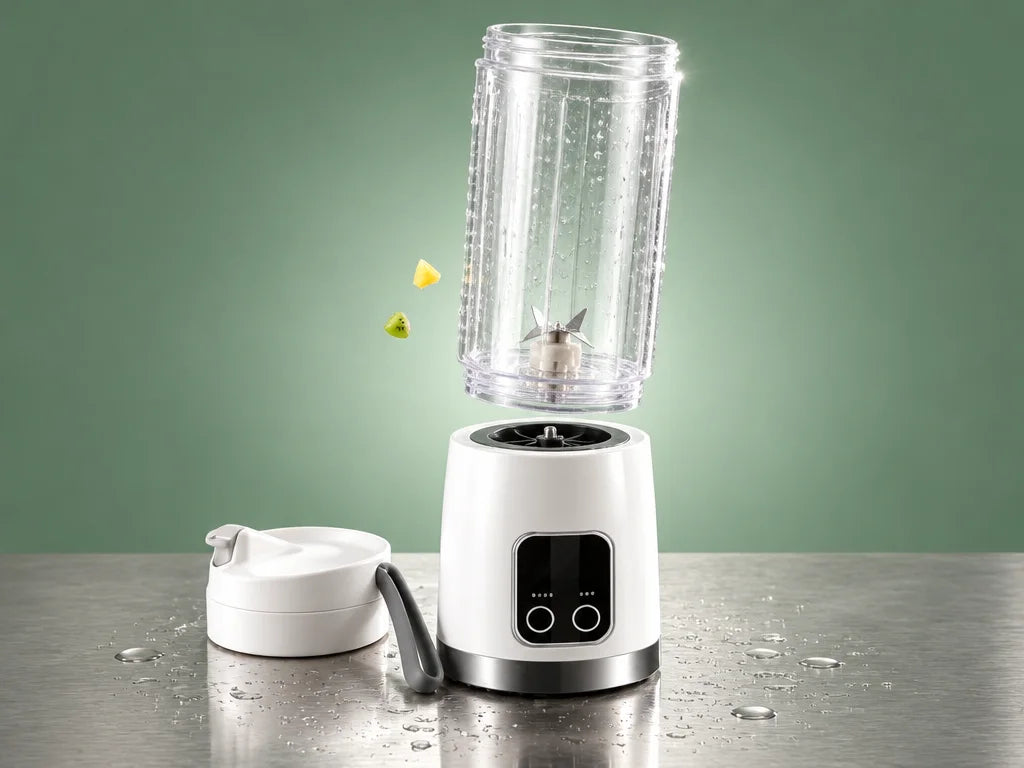 A constructed studio photograph of the exact compact white cordless blender from the supplied refere