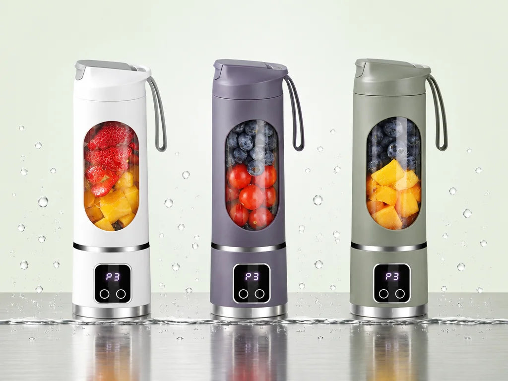 A constructed studio photograph showing three exact versions of the compact cordless blender from th