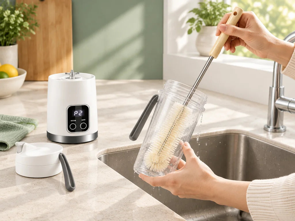 Brosse VEYRA utilisée pour nettoyer le gobelet transparent du blender